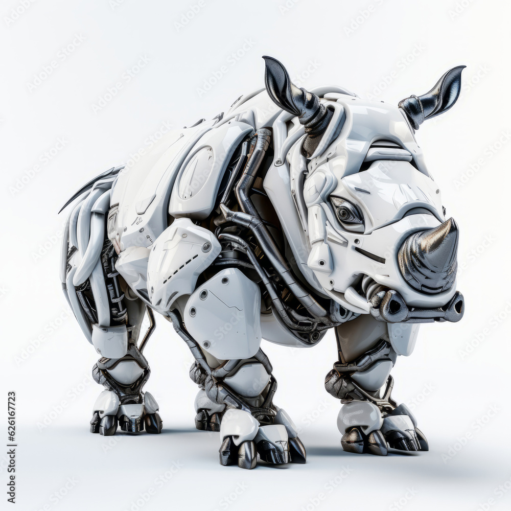 Strong rhinoceros robot, robotic animal isolated over white background. AI Generated Strong rhinoceros robot, robotic animal isolated over white background. AI Generated