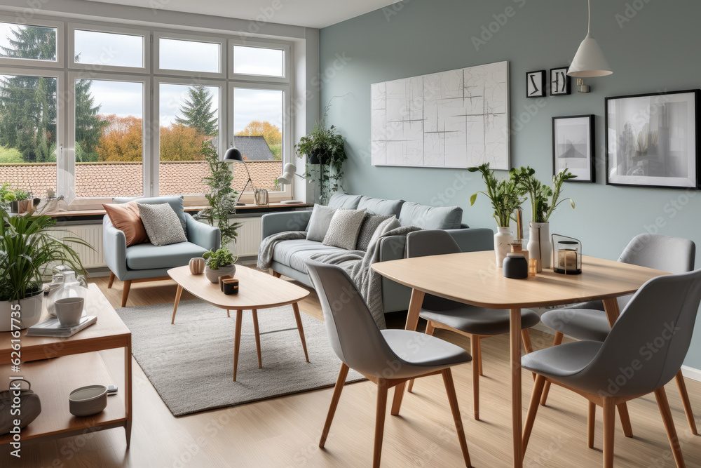 Studio apartment with dining table and chairs. Scandinavian interior design. AI Generated Studio apartment with dining table and chairs. Scandinavian interior design. AI Generated