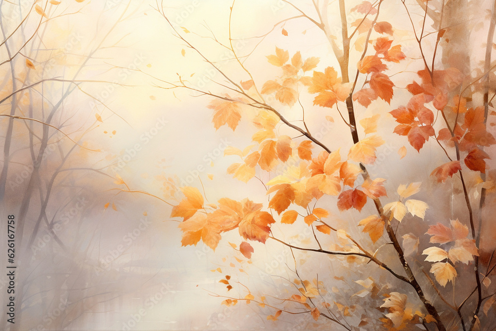 A dreamy watercolor representation of a misty autumn morning, with dew-kissed leaves shining under the soft light of dawn Generative AI A dreamy watercolor representation of a misty autumn morning, with dew-kissed leaves shining under the soft light of dawn Generative AI