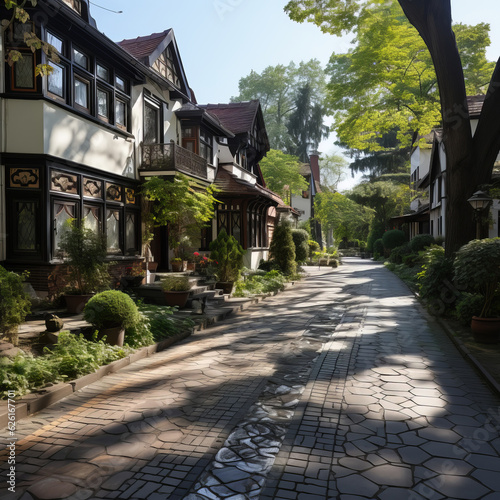 Street with traditional private houses. Residential architecture exterior. AI Generated