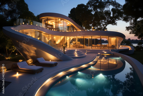 Modern minimalist round and curved shaped luxury house. AI Generated © wolfhound911