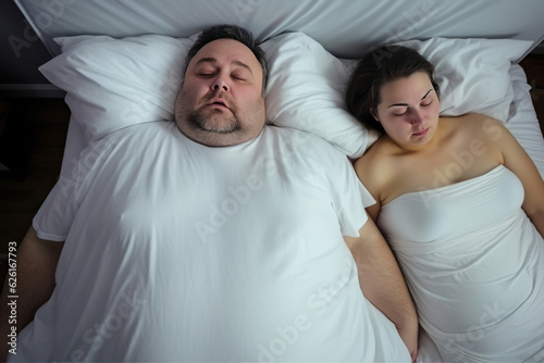 overweight man snoring loudly, while sleeping next to his fat wife in bedroom AI Generated photo