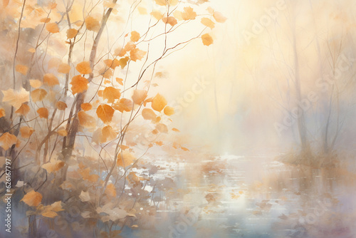 A dreamy watercolor representation of a misty autumn morning, with dew-kissed leaves shining under the soft light of dawn Generative AI © Наталья Евтехова