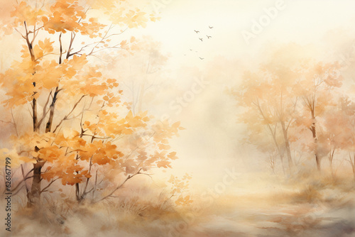 A dreamy watercolor representation of a misty autumn morning, with dew-kissed leaves shining under the soft light of dawn Generative AI