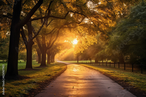 An enchanting watercolor painting of a tree-lined path in a park  with the sun rising through the clouds after a light autumn rain Generative AI