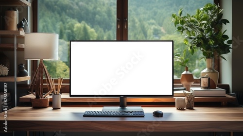 Computer monitor mockup with blank screen on wooden desk in contemporary minimalist home office with outside the window, AI-generative photo