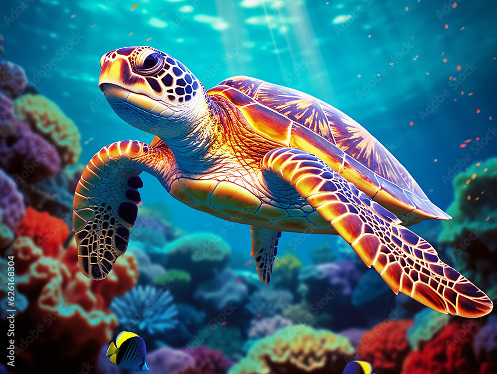 Fototapeta premium In the crystal-clear waters, a vibrant green sea turtle gracefully swims amidst a colorful coral reef Generative ai