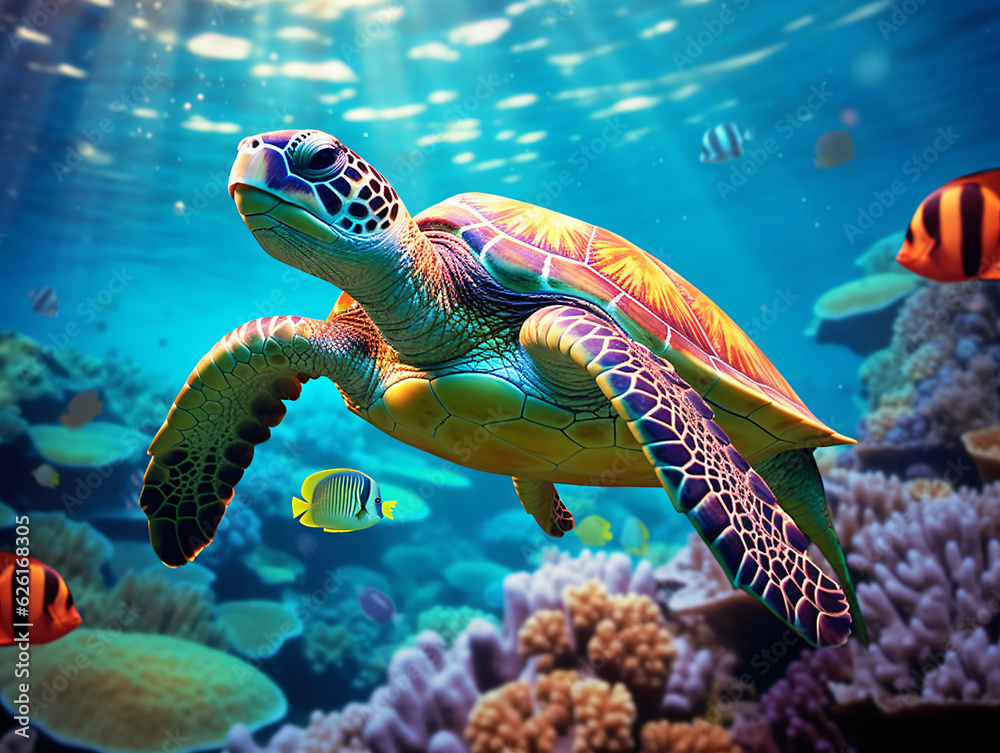 Fototapeta premium In the crystal-clear waters, a vibrant green sea turtle gracefully swims amidst a colorful coral reef Generative ai