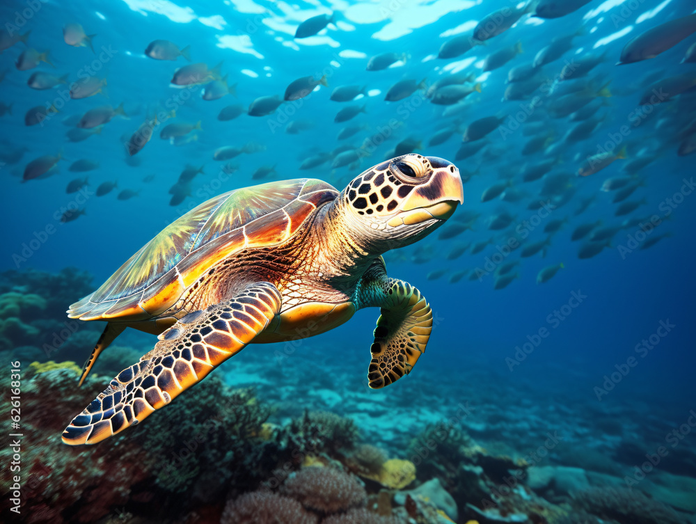 Obraz premium In the crystal-clear waters, a vibrant green sea turtle gracefully swims amidst a colorful coral reef Generative ai