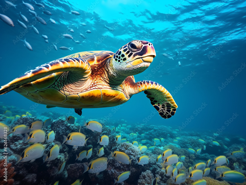 Fototapeta premium In the crystal-clear waters, a vibrant green sea turtle gracefully swims amidst a colorful coral reef Generative ai