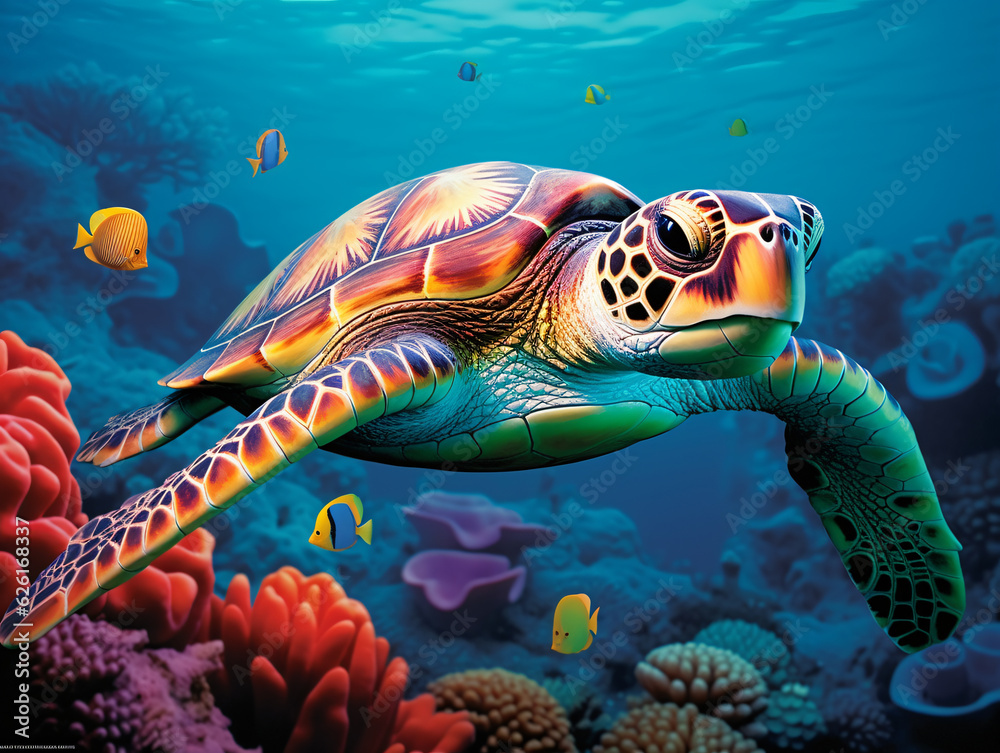 Fototapeta premium In the crystal-clear waters, a vibrant green sea turtle gracefully swims amidst a colorful coral reef Generative ai