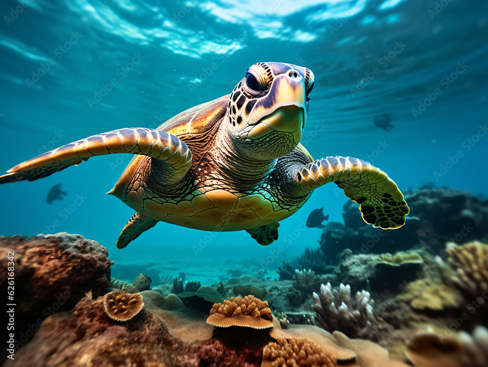 Obraz premium In the crystal-clear waters, a vibrant green sea turtle gracefully swims amidst a colorful coral reef Generative ai