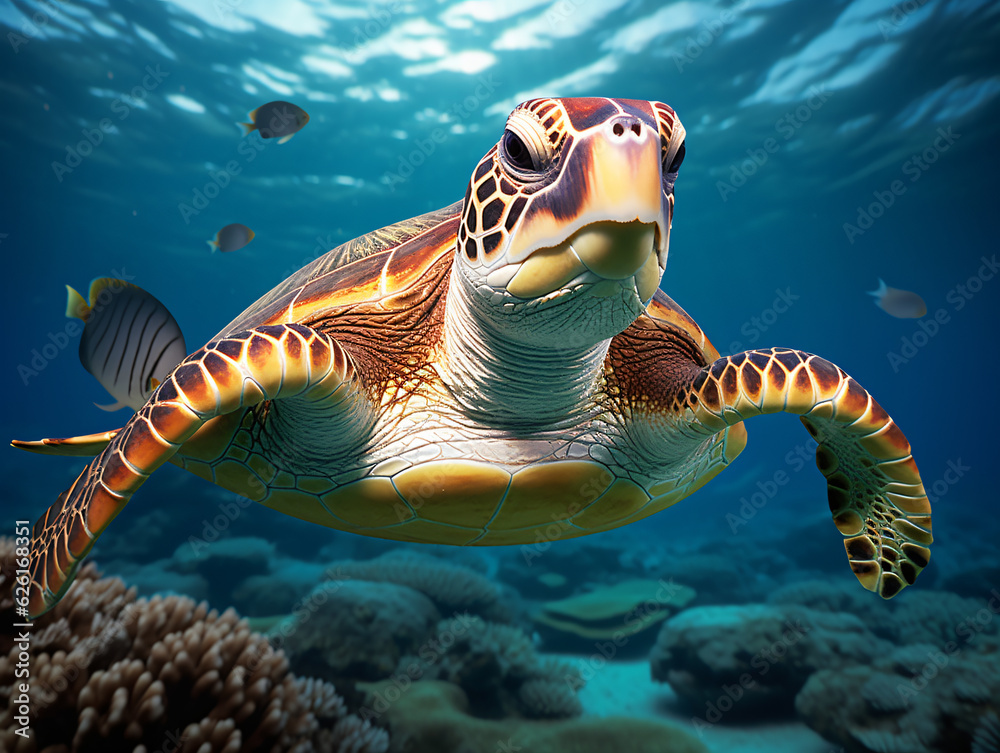 Fototapeta premium In the crystal-clear waters, a vibrant green sea turtle gracefully swims amidst a colorful coral reef Generative ai