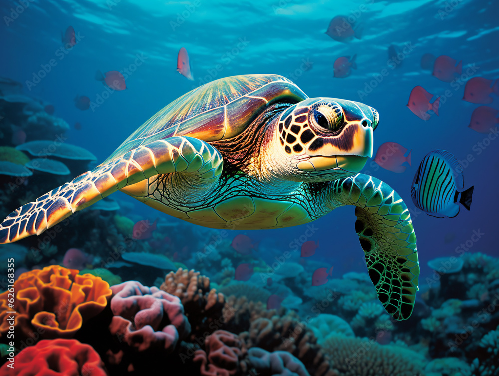 In the crystal-clear waters, a vibrant green sea turtle gracefully swims amidst a colorful coral reef Generative ai