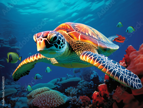 In the crystal-clear waters, a vibrant green sea turtle gracefully swims amidst a colorful coral reef Generative ai