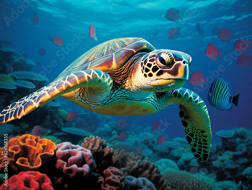 In the crystal-clear waters  a vibrant green sea turtle gracefully swims amidst a colorful coral reef Generative ai