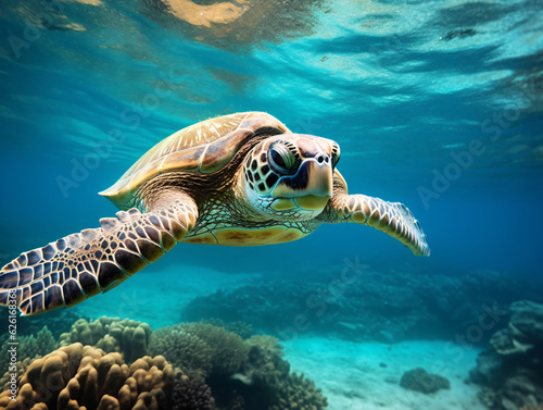 In the crystal-clear waters  a vibrant green sea turtle gracefully swims amidst a colorful coral reef Generative ai