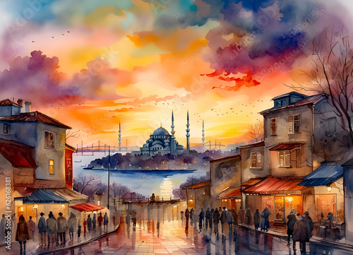 Watercolor painting of Istanbul at Sunset. Generative AI.