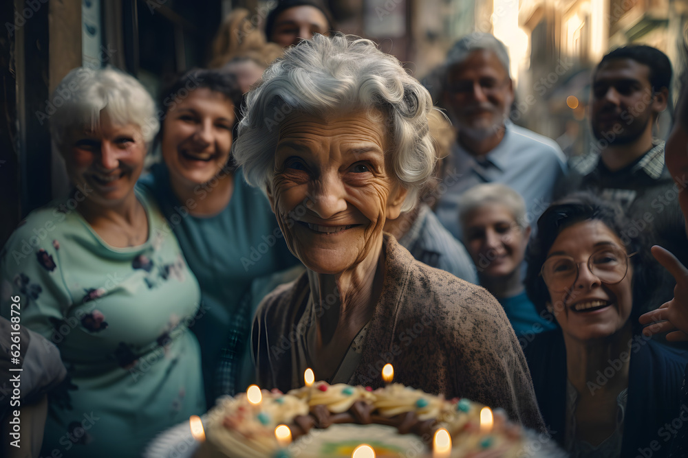 Elderly pensioner grandmother looks at a birthday cake, smiles, blows out a candle surrounded by her family. Generative AI. Elderly pensioner grandmother looks at a birthday cake, smiles, blows out a candle surrounded by her family. Generative AI.