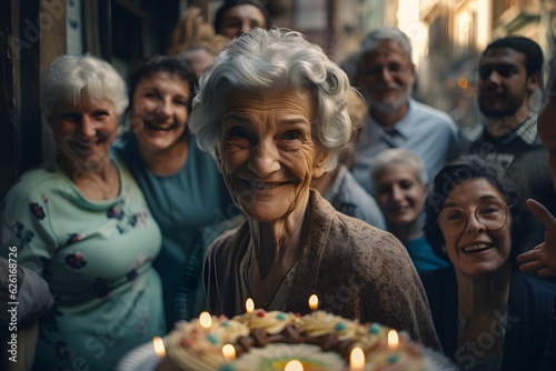 Elderly pensioner grandmother looks at a birthday cake  smiles  blows out a candle surrounded by her family. Generative AI.