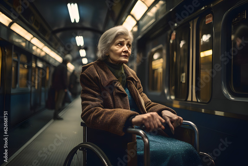Elderly woman grandmother is disabled on a wheelchair in public transport. Generative AI.