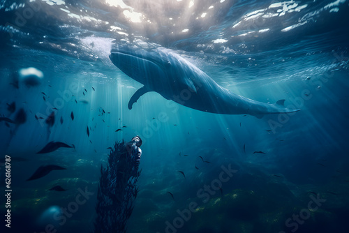 Man is snorkeling underwater with large whale. Generative AI.