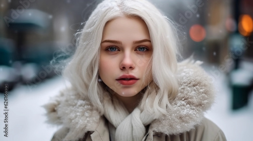 A beautiful woman with white hair walking in a winter city.. Generative AI.