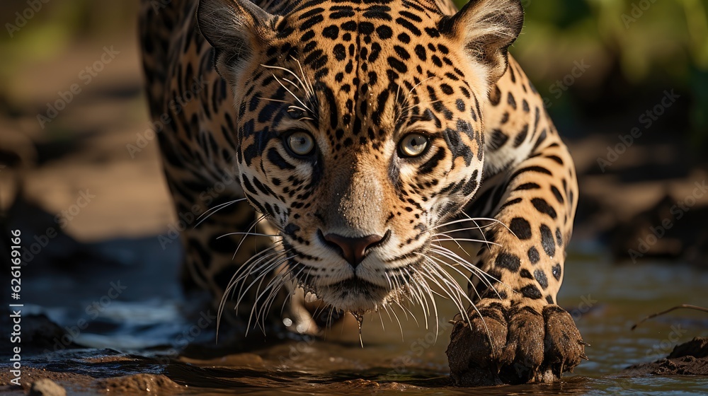 Obraz premium A Jaguar (Panthera onca) stalking its prey in the Pantanal, Brazil, its muscular body and distinctive rosettes a symbol of power and stealth.
