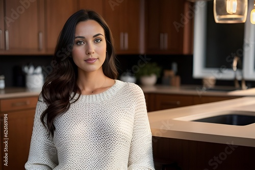 Portrait of a model in a light warm sweater in the kitchen