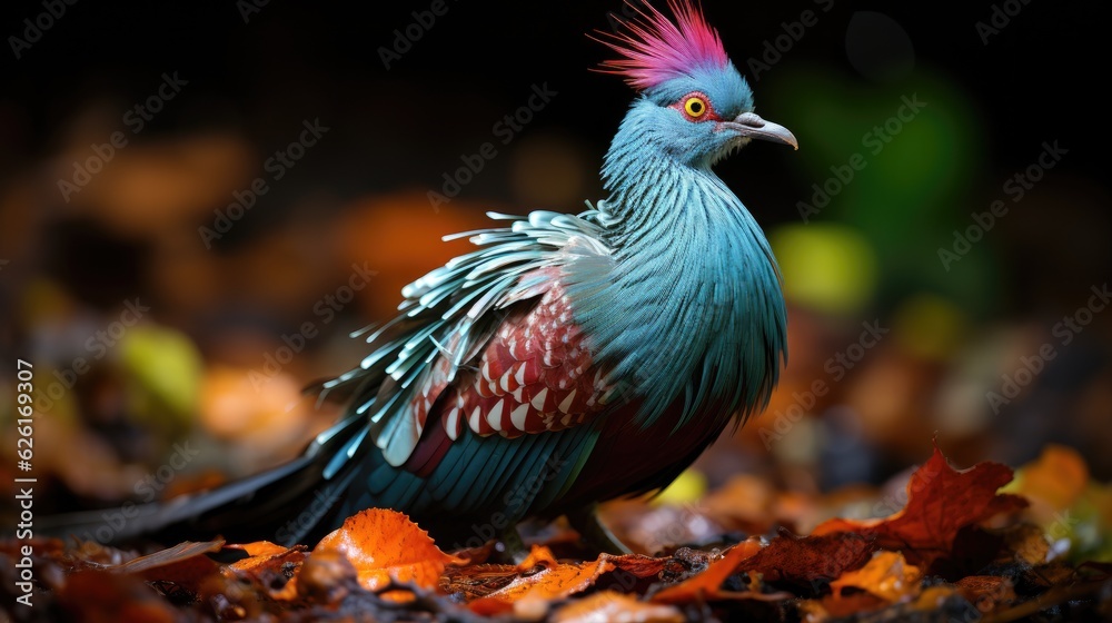 A Victoria Crowned Pigeon (Goura victoria) foraging on the forest floor in Papua New Guinea, its blue feathers and fan-like crest a sight to behold. A Victoria Crowned Pigeon (Goura victoria) foraging on the forest floor in Papua New Guinea, its blue feathers and fan-like crest a sight to behold.