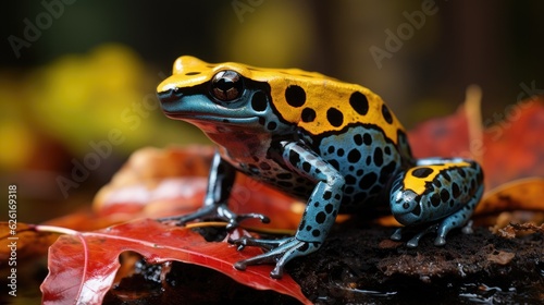 A Green and Black Poison Dart Frog (Dendrobates auratus) hopping through the forest floor in Central America, its bright coloration a vibrant image against the brown leaves.