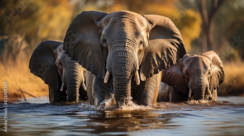 A group of African Elephants (Loxodonta africana) cooling off in Botswana's Okavango Delta, their massive bodies and flapping ears a majestic sight against the water.