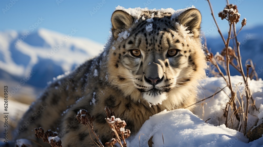 Obraz premium A Snow Leopard (Panthera uncia) stealthily climbing the rocky terrain of Mongolia's Altai Mountains, its thick coat and long, bushy tail blending perfectly with the snow-covered landscape.