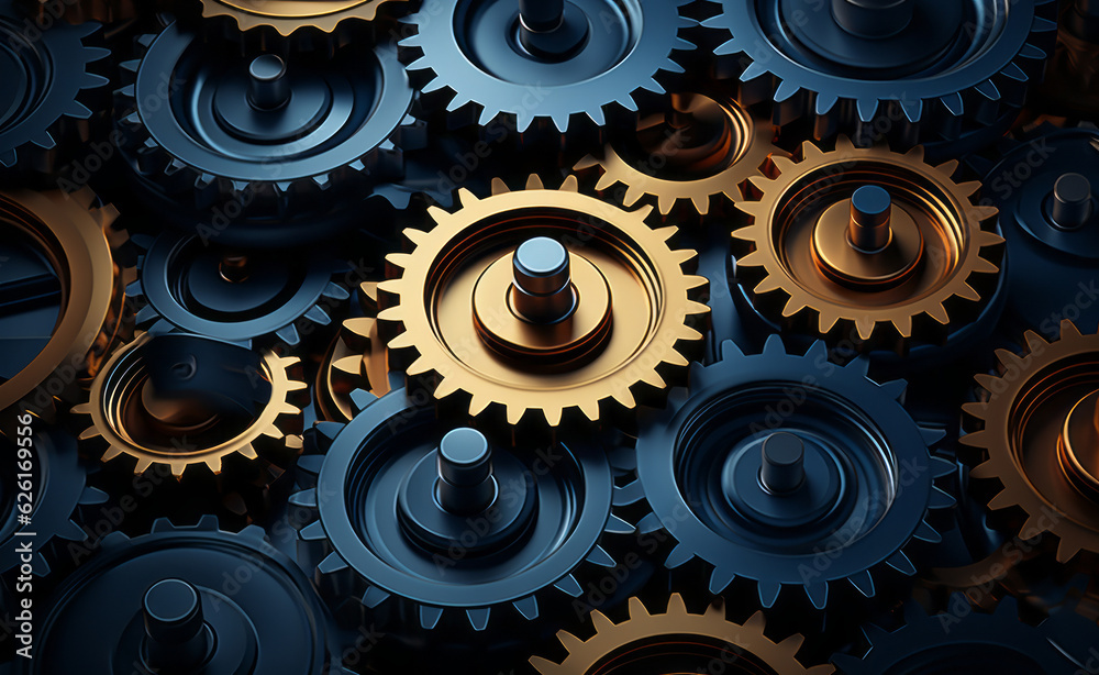 a group of blue gears that are pinned against the top of a dark blue background. AI Generated a group of blue gears that are pinned against the top of a dark blue background. AI Generated
