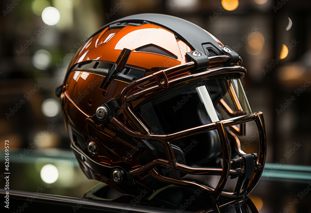 Fototapeta premium a football helmet sitting on a table. AI Generated