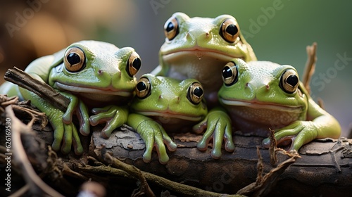 A group of Barking Tree Frogs  Hyla gratiosa  perched on branches in the wetlands of North America  their green bodies and large toe pads a delightful sight against the brown bark.