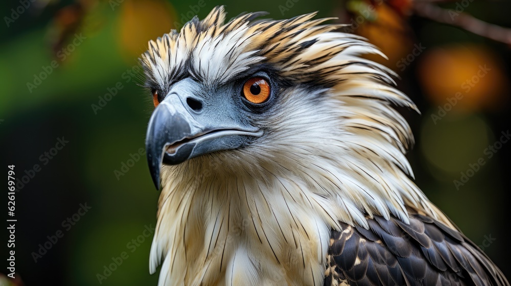 A Philippine eagle (Pithecophaga jefferyi) perched on a tree in the dense forests of Mindanao, its magnificent crest and piercing eyes a proud image of national heritage. A Philippine eagle (Pithecophaga jefferyi) perched on a tree in the dense forests of Mindanao, its magnificent crest and piercing eyes a proud image of national heritage.