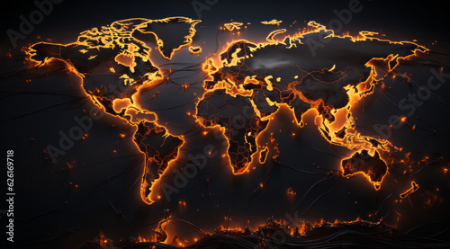 a map of the world with a fire. AI Generated