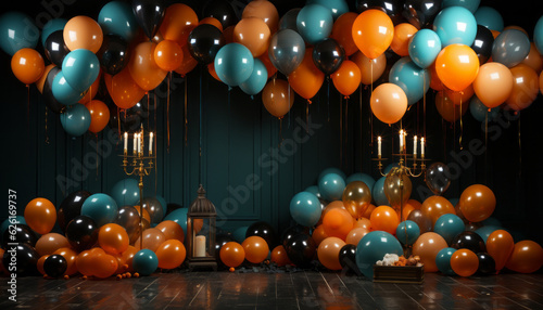 a room full of shiny orange and blue balloons. AI Generated