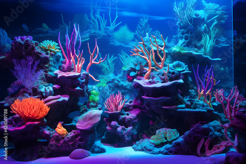 colourful reef aquarium with coral fishes and neon light © sam