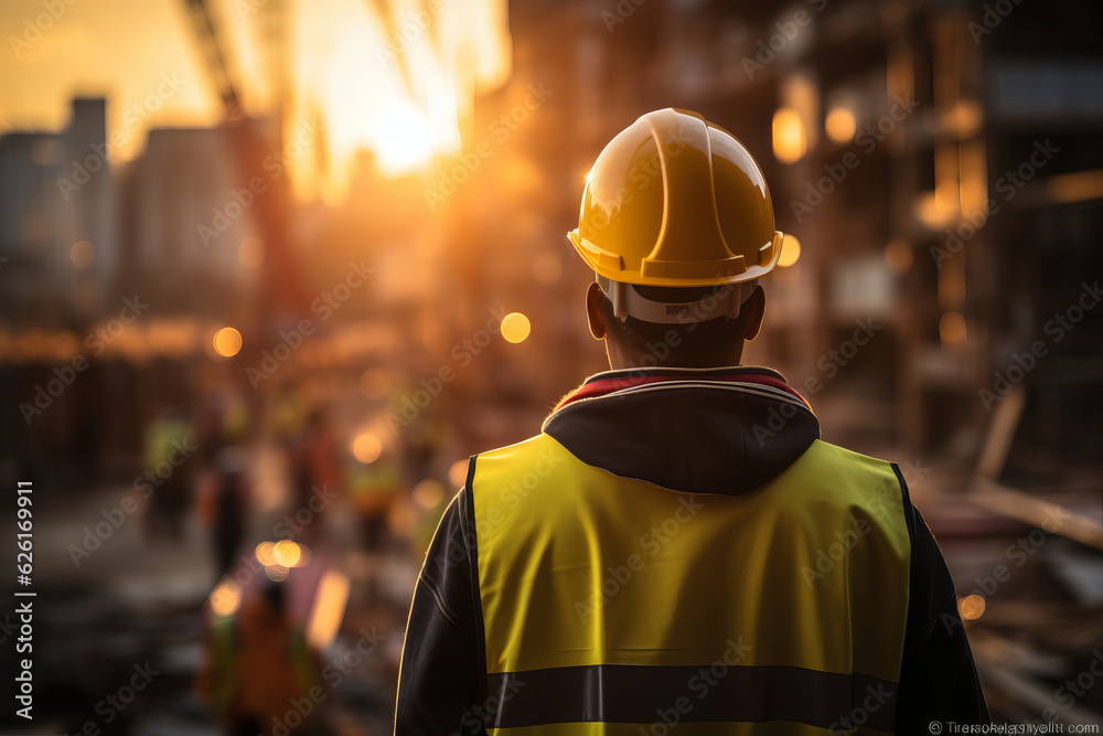 architect or construction worker or civil engineer on construction site with crane. AI Generated