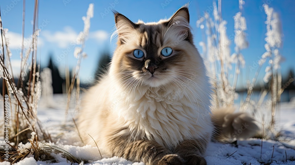 A Siamese Cat (Felis catus) lounging on a window sill, its striking blue eyes and cream-colored coat with dark points standing out in the soft sunlight.