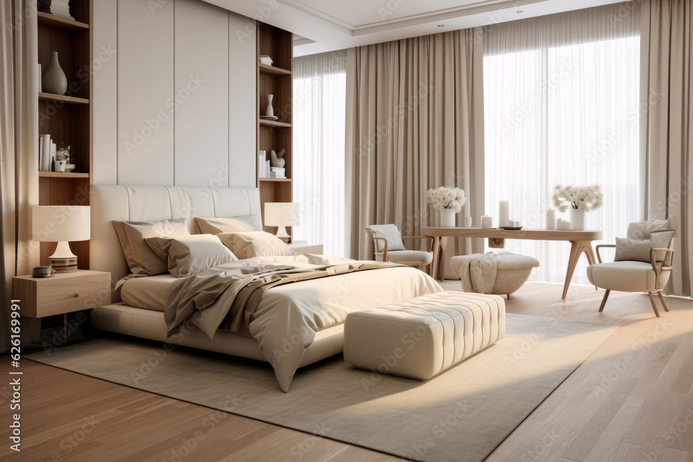 Bedroom interior. beige tones design. AI Generated Bedroom interior. beige tones design. AI Generated