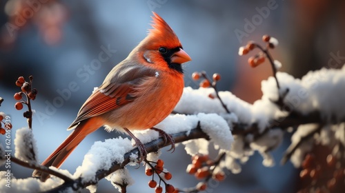 A Northern Cardinal (Cardinalis cardinalis) perched on a snowy branch in Central Park, its bright red plumage a stunning contrast to the white snow and bare trees.