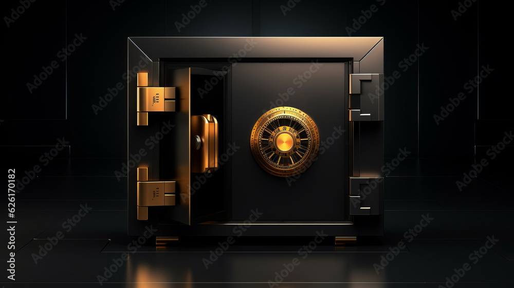 Black bank safe with open steel door and golden light . AI Generated - obrazy, fototapety, plakaty 