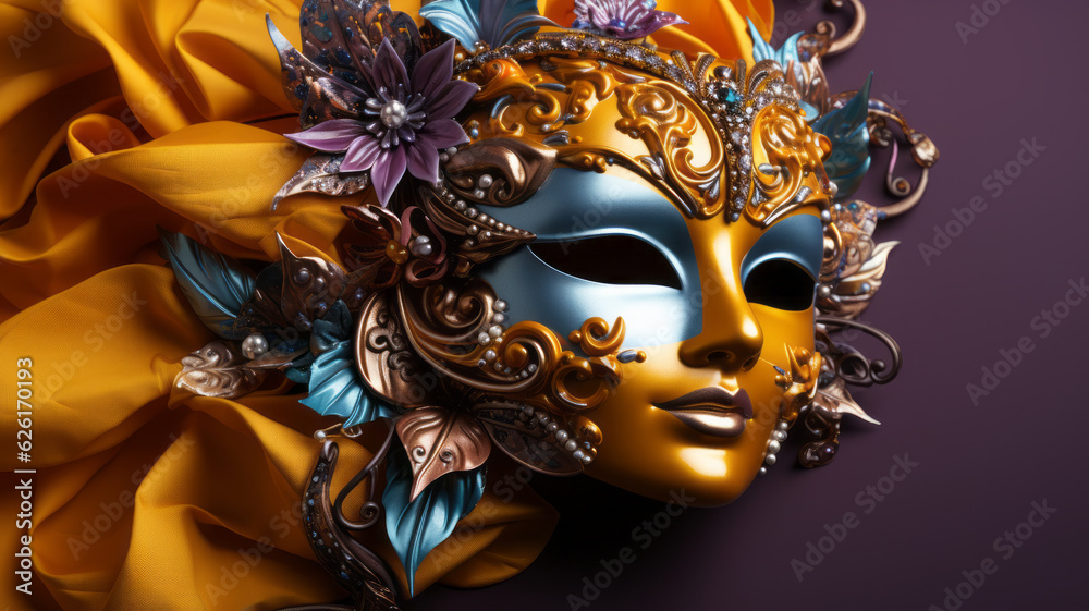 Colorful Mardi Gras or venetian mask on a yellow background. AI Generated