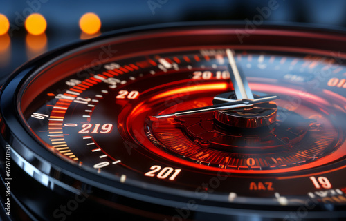 closeup speedometer with red number on the dashboard. AI Generated