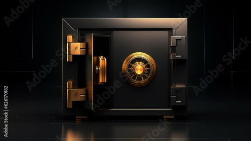 Black bank safe with open steel door and golden light . AI Generated photo