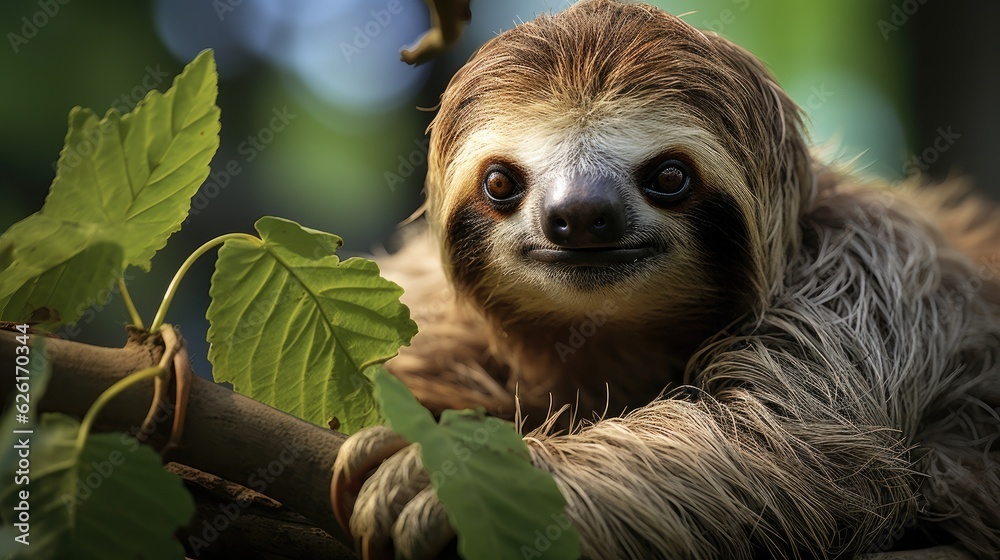 A Three-toed Sloth (Bradypus) hanging from a tree in Costa Rica's Corcovado National Park, its slow movements and permanent smile a fascinating sight amongst the foliage. A Three-toed Sloth (Bradypus) hanging from a tree in Costa Rica's Corcovado National Park, its slow movements and permanent smile a fascinating sight amongst the foliage.