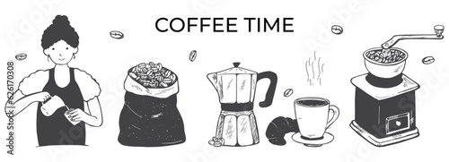 coffee time vector sketch. coffee mug, barista, coffee grinder, coffee maker, coffee bag vector sketch